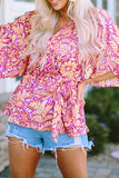 Boho Floral Print Belted Surplice Blouse