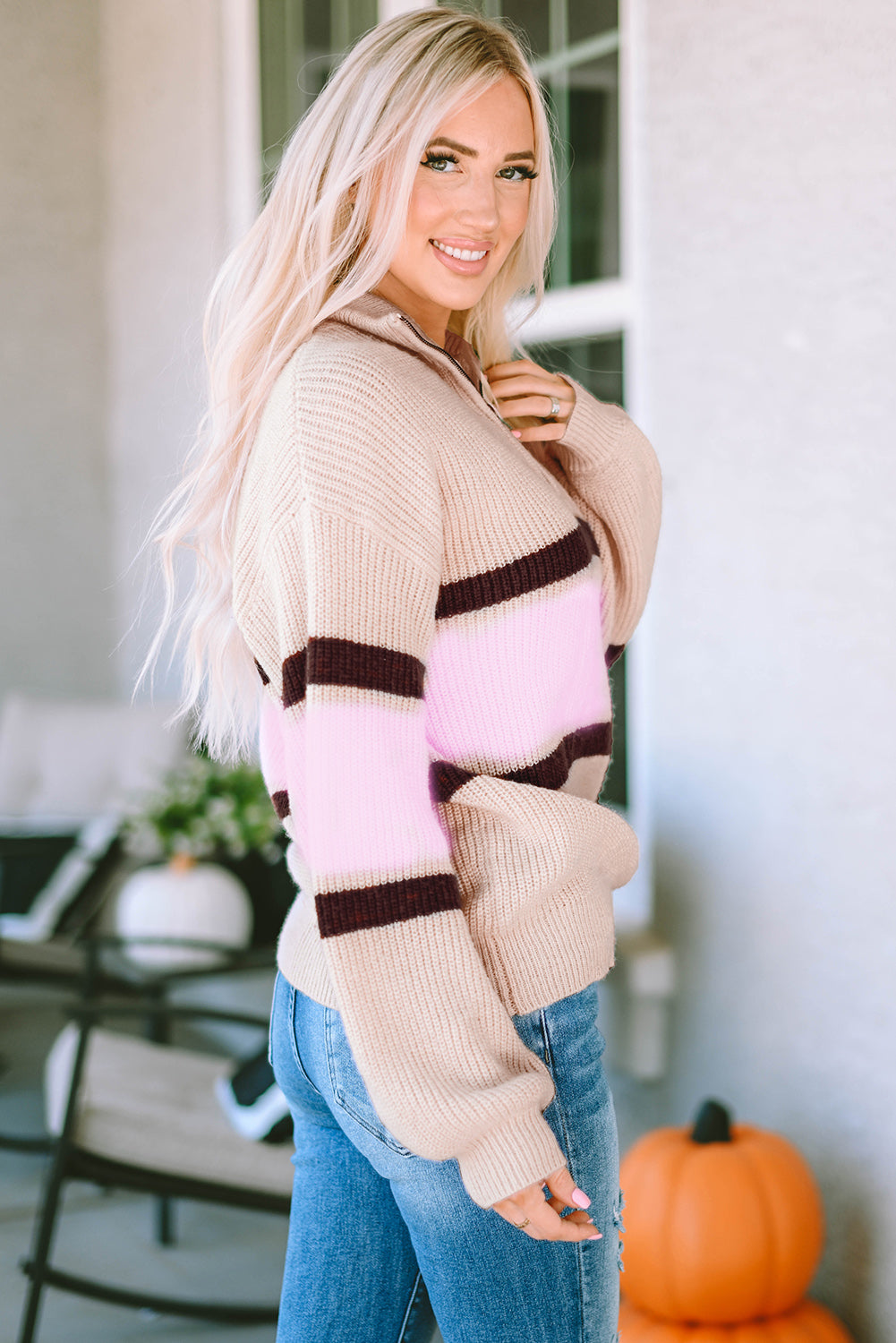 Striped Color Block Knit Zip Collared Sweater