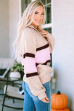 Striped Color Block Knit Zip Collared Sweater