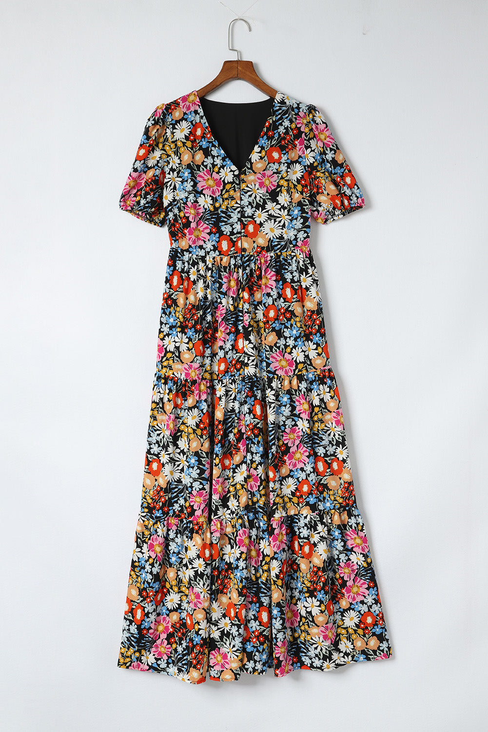 Short Sleeve Boho Floral Pattern Tiered Maxi Dress