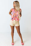 Splotches Pattern Ruffled Cap Sleeve Shift Top