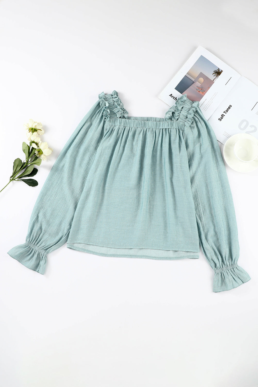 Ruffled Square Neck Cuffs Long Sleeve Blouse