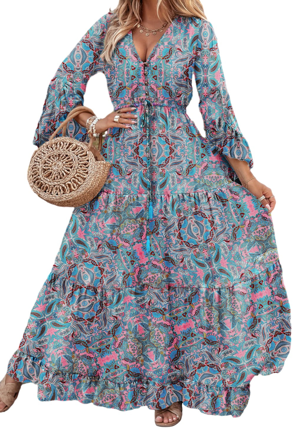 Green Paisley Printed Ruffle Trim Elegant Maxi Dress