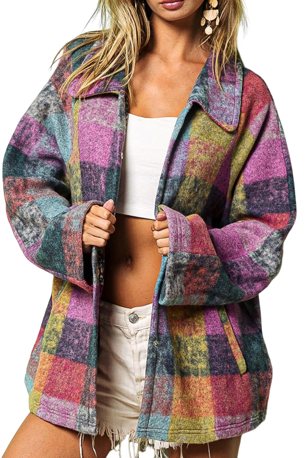 Veste longue surdimensionnée à poches et carreaux brossés multicolores