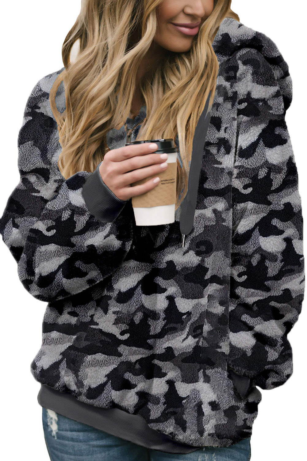 Camo Print Warm Furry Pullover Hoodie