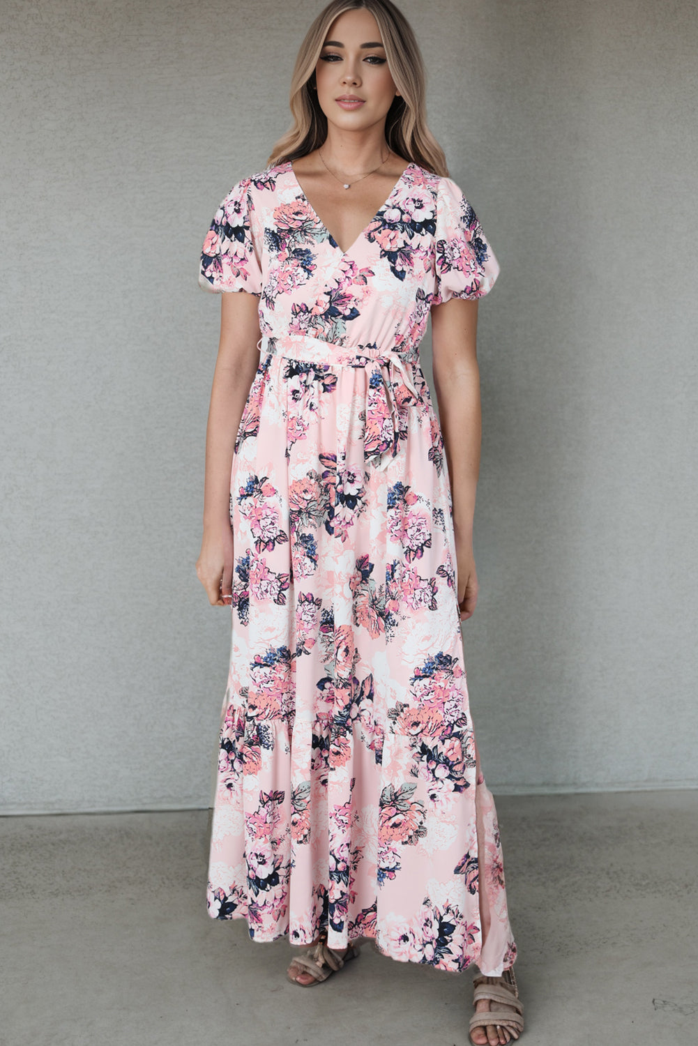 Floral Puff Sleeve High Waist Maxi Dress