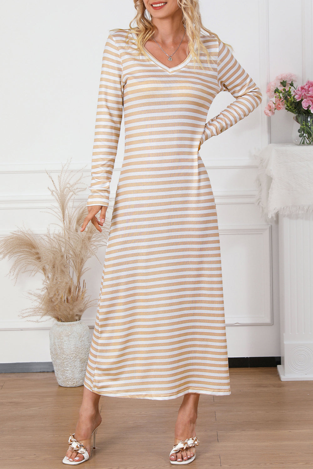 Striped V-neck Long Sleeve Casual Dress