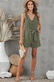 Button V Neck Romper with Belt