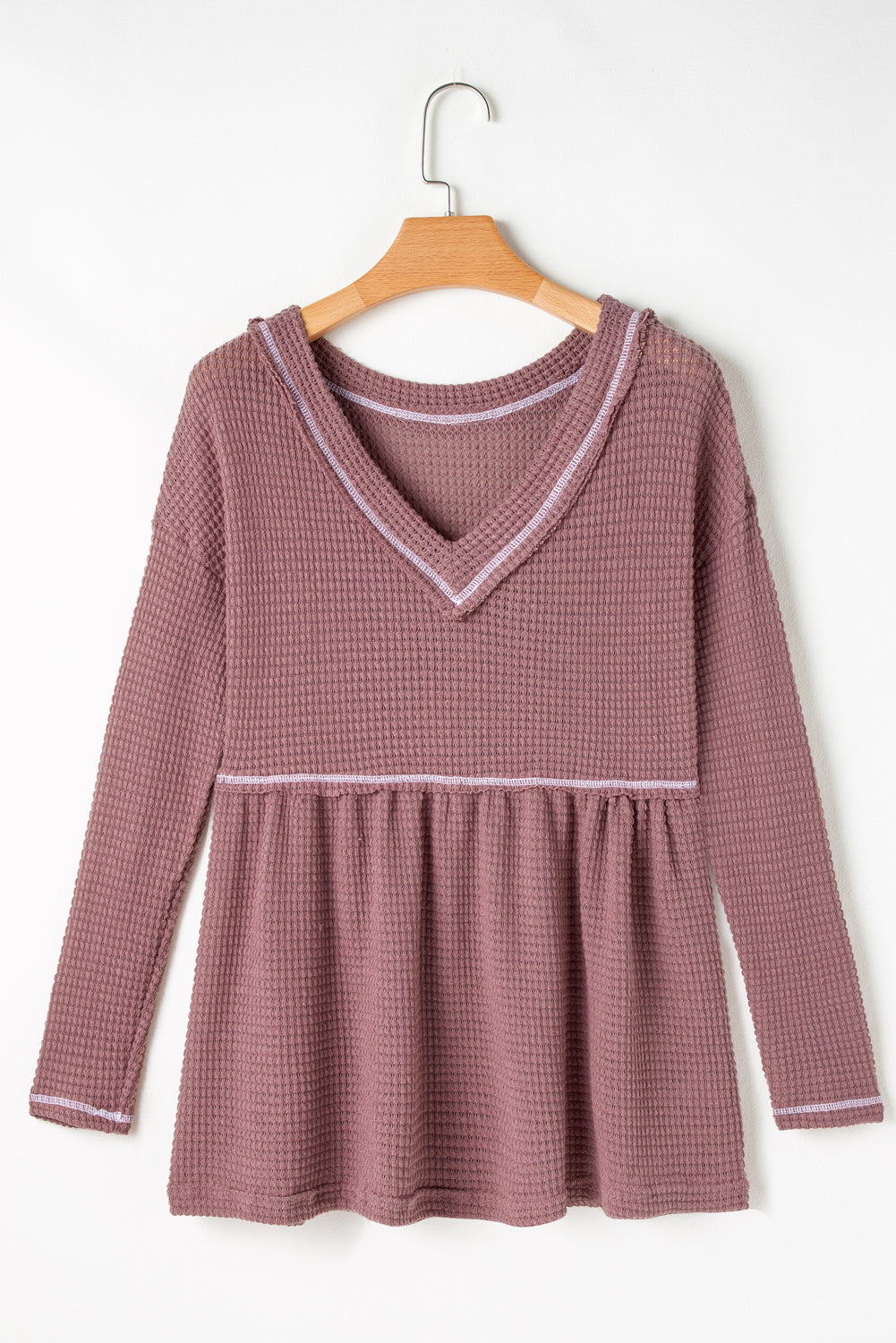 Waffle Knit V Neck Long Sleeve Babydoll Top