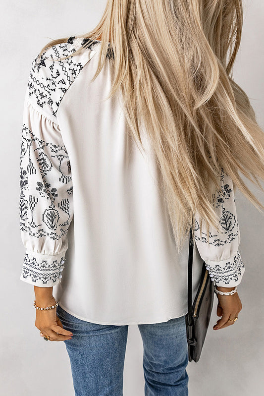 Boho Embroidered Split Neck Blouse