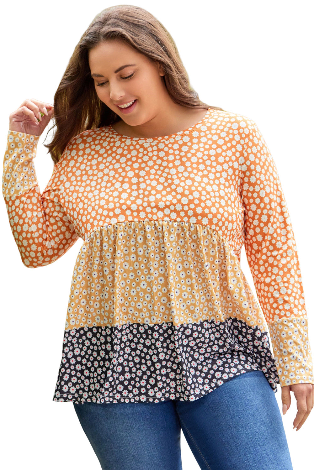 Plus Size Colorblock Blooming Daisy Long Sleeve Flowy Top