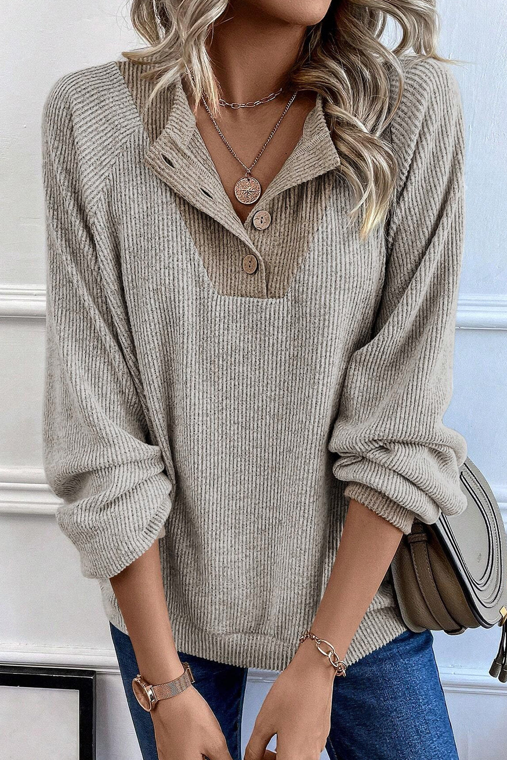 Light Grey Color Contrast Ribbed Loose Fit Long Sleeve Top