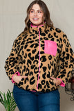 Leopard Plus Size Color Block Chest Pocket Sherpa Jacket