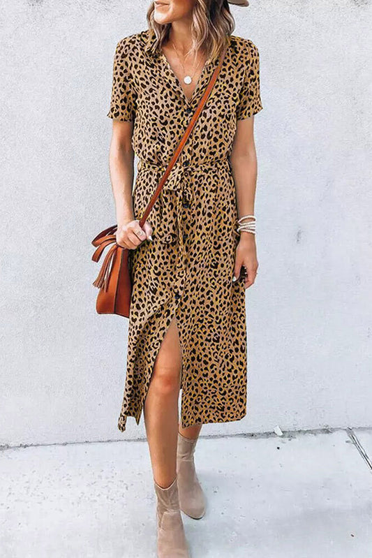 Leopard Turn-Down Collar Slit Midi Dress