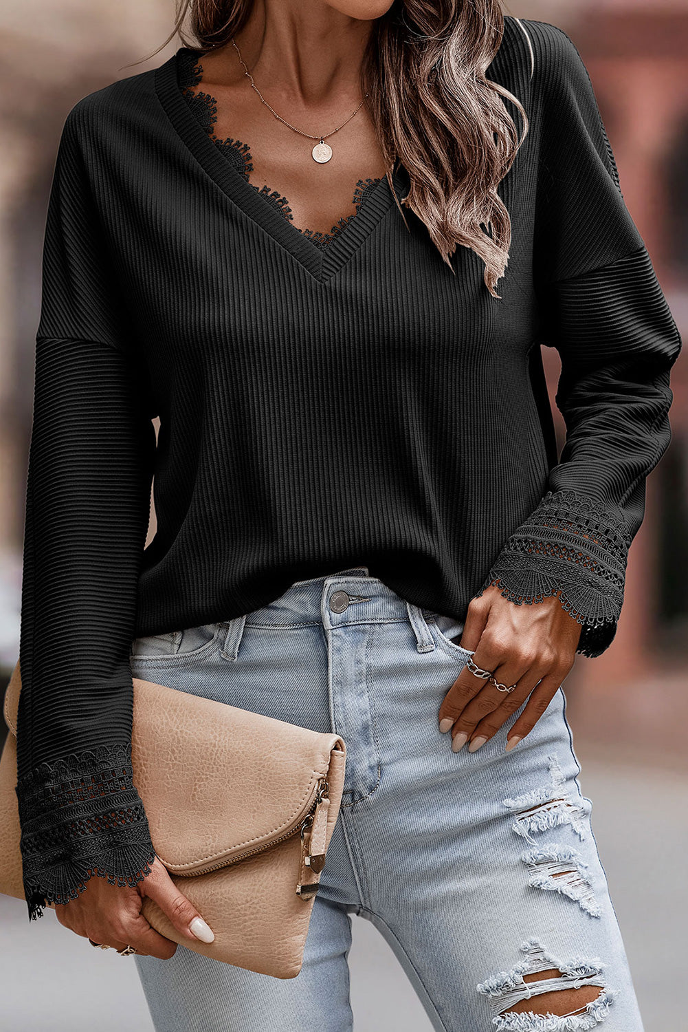 Ribbed Texture Lace Trim V Neck Long Sleeve Top