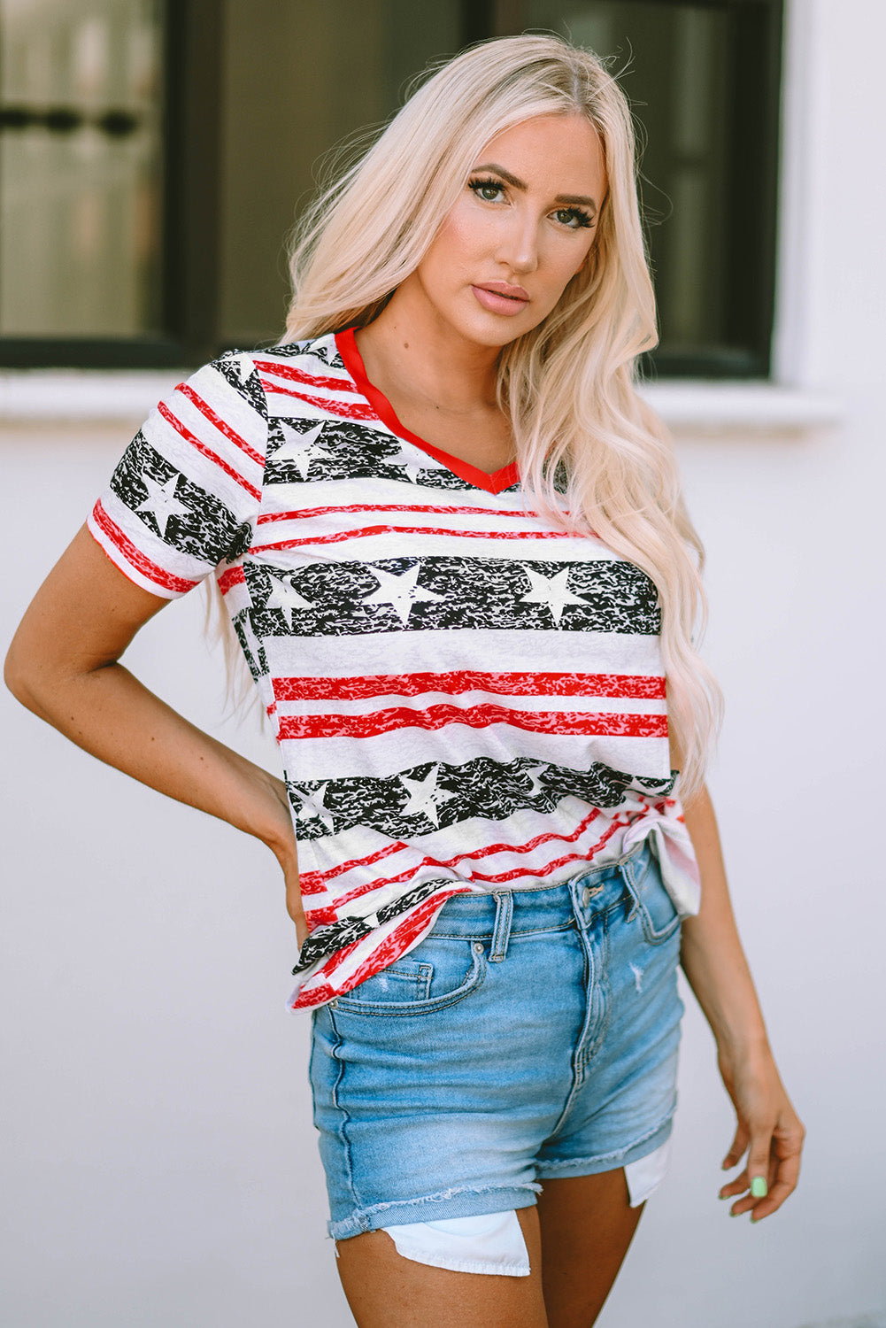 Star and Stripe Print V-Neck Casual T-Shirt