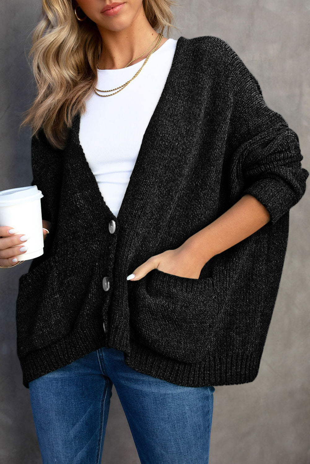 Buttons Front Pocketed Sweater Cardigan