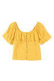 Blouse jaune froncée boutonnée à manches bouffantes