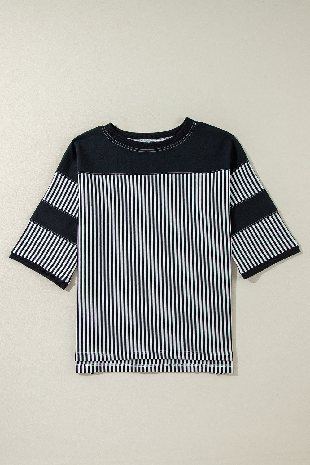 Black White Striped Patchwork 3/4 Sleeve Oversize Top