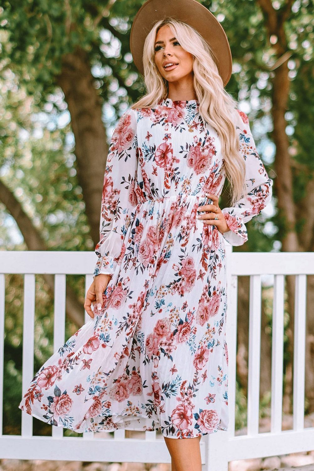 Floral Print Puffy Sleeve Ruffled Midi Dress