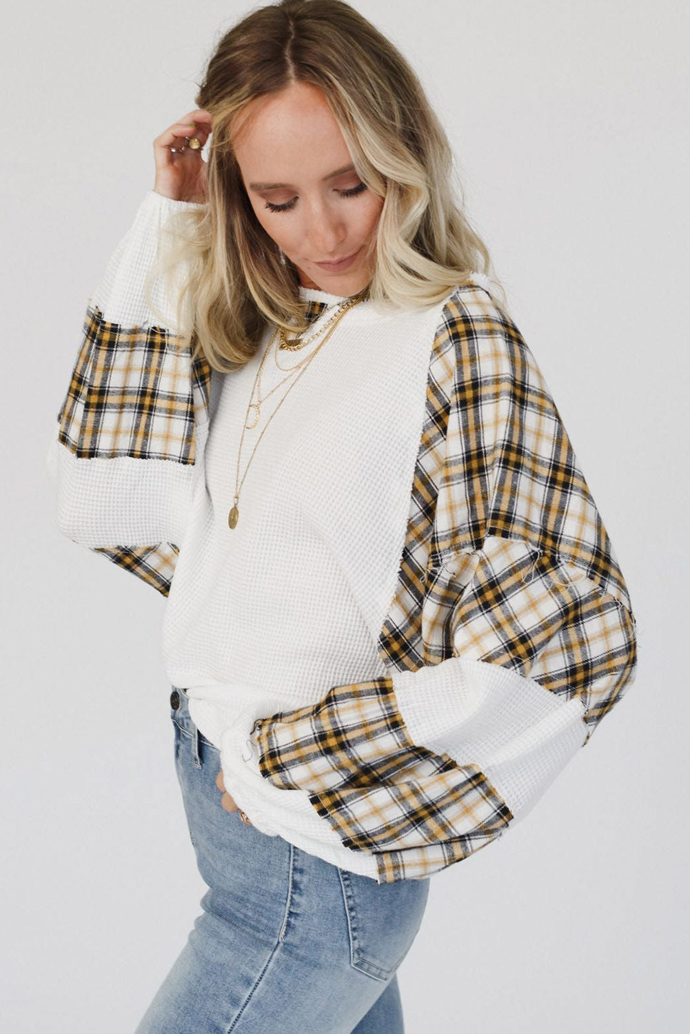 Plaid Patch Waffle Knit Exposed Seam Bubble Sleeve Top