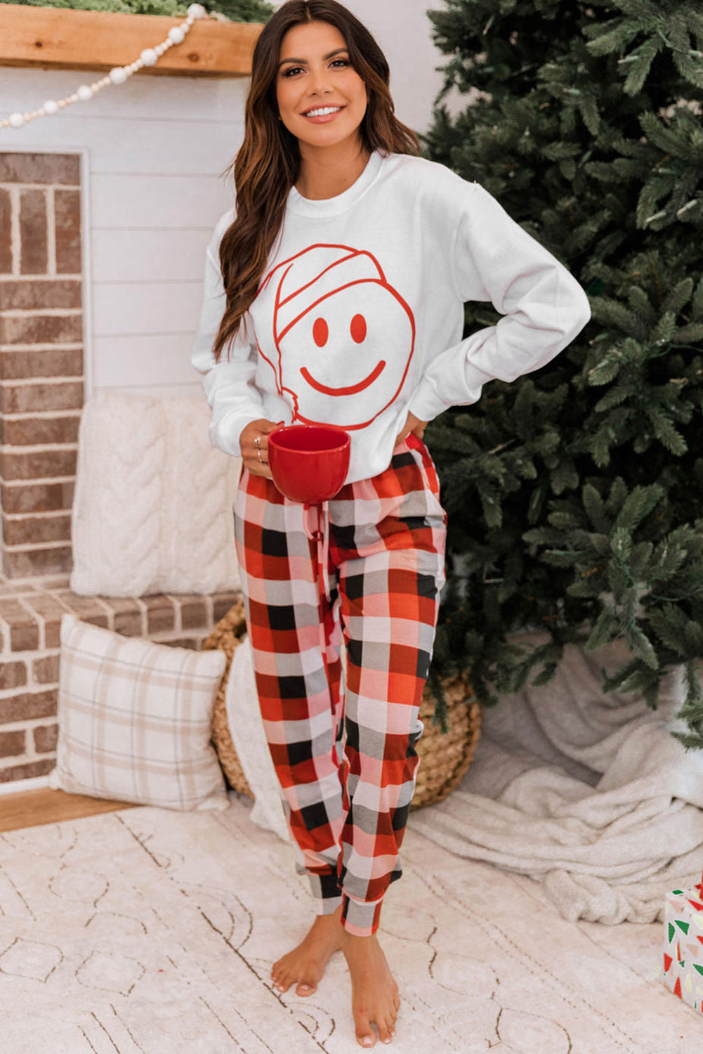 Christmas Smile Face Print Top and Plaid Pants Lounge Set