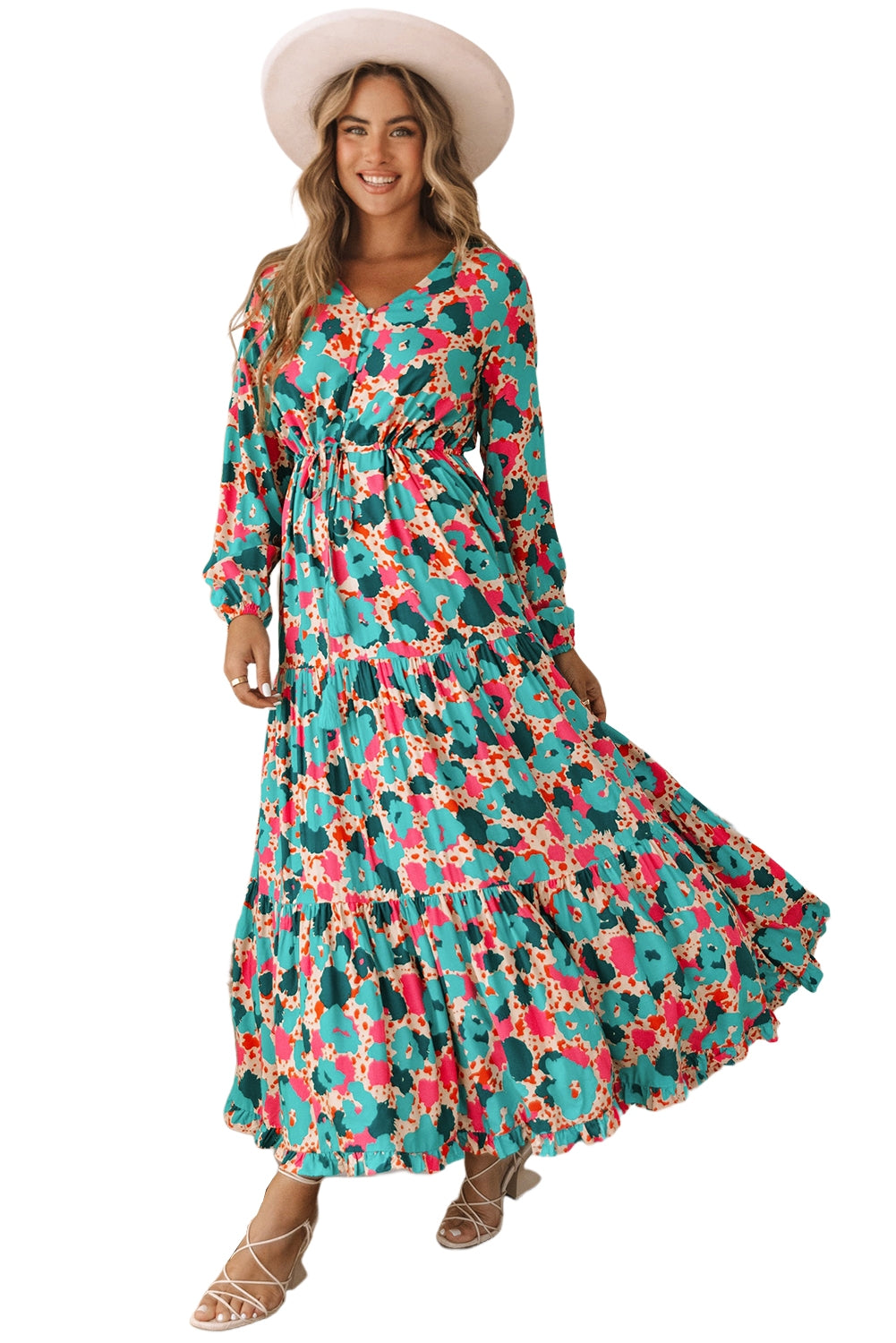 Bohemia Print V Neck Ruffle Long Sleeve Maxi Dress