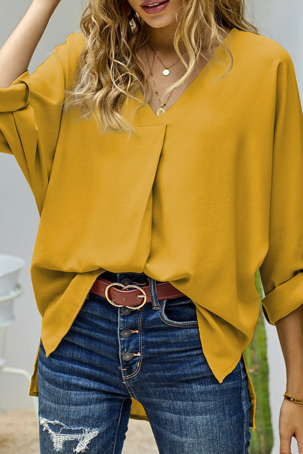 V Neck 3/4 Sleeve High Low Hem Shirt