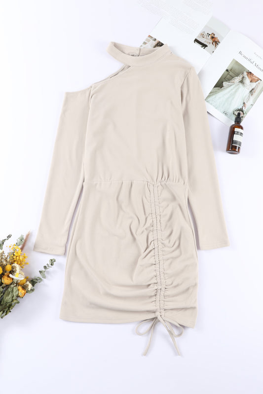 Cut-out Shoulder Drawstring Long Sleeve Knit Dress