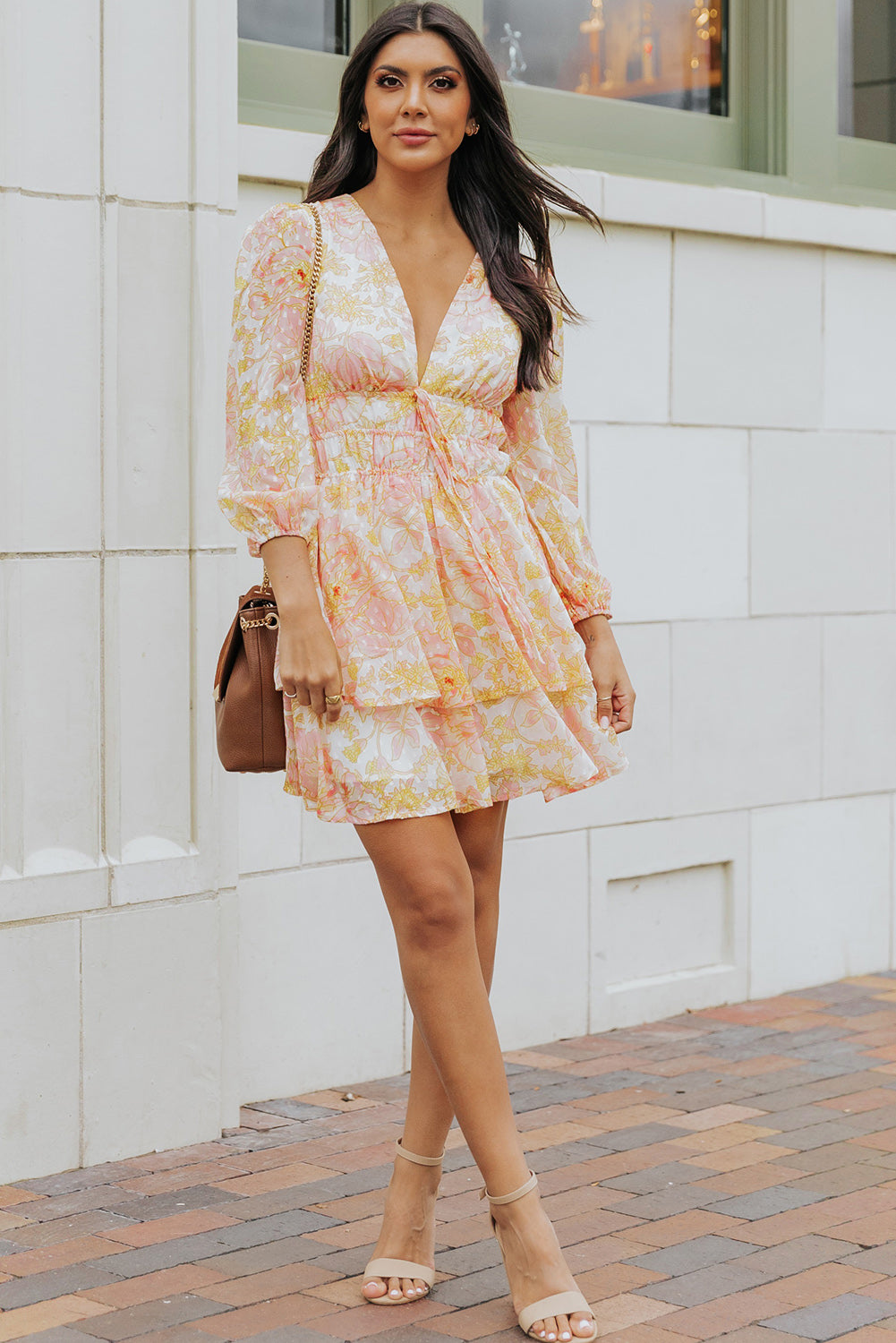 V Neck Long Sleeve Tiered Floral Dress