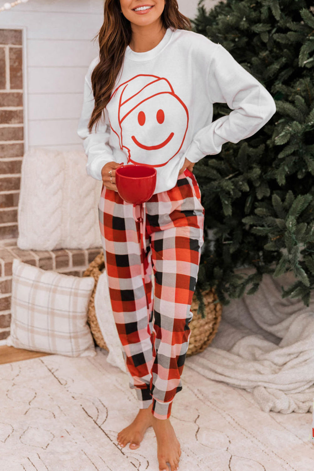 Christmas Smile Face Print Top and Plaid Pants Lounge Set