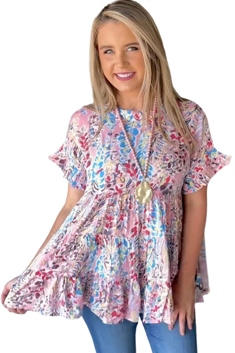 Floral Print Ruffle Sleeve Babydoll Top