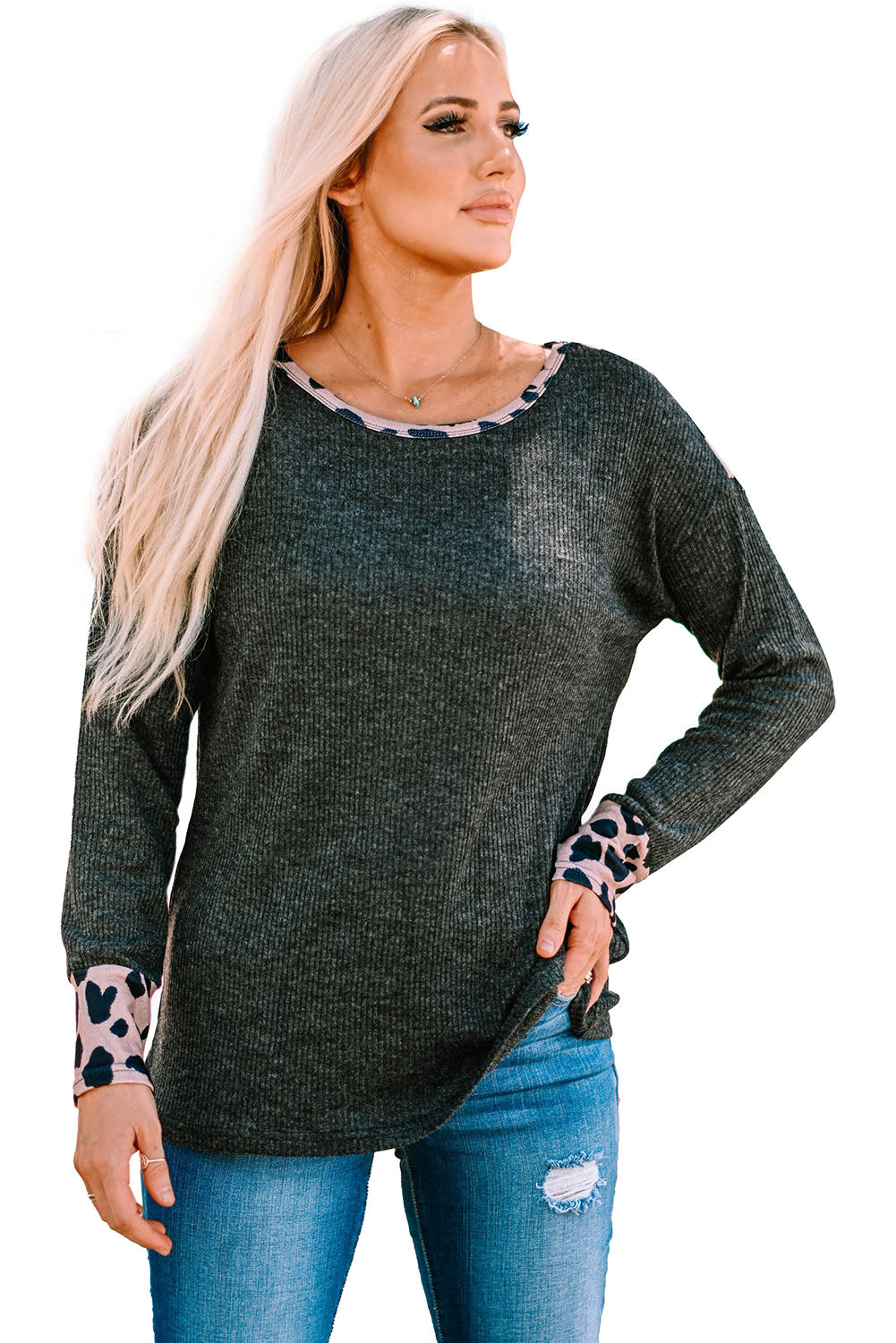 Leopard Contrast Trim Knit Top