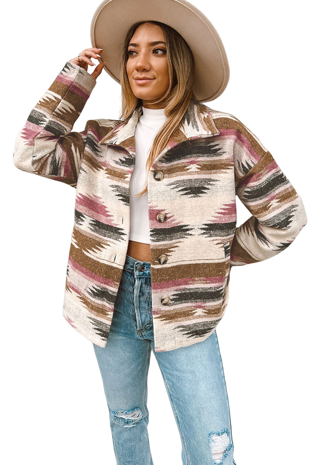 Multicolor Aztec Print Zipped Split Neck Hoodie