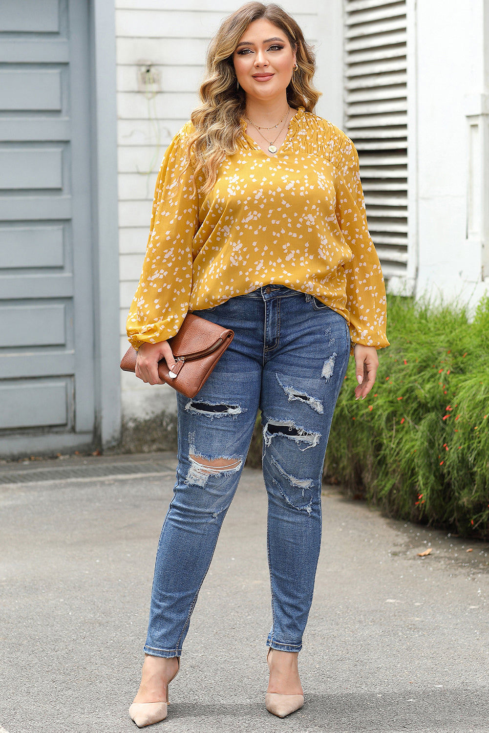 Blouse froissée imprimée jaune à col fendu d'automne