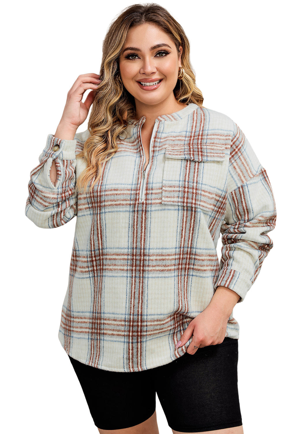 Plus Size Plaid Half-Zipper Sweatshirt with Chest Pocket