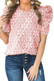 Pink Floral Lace Ruched Bubble Sleeve Top