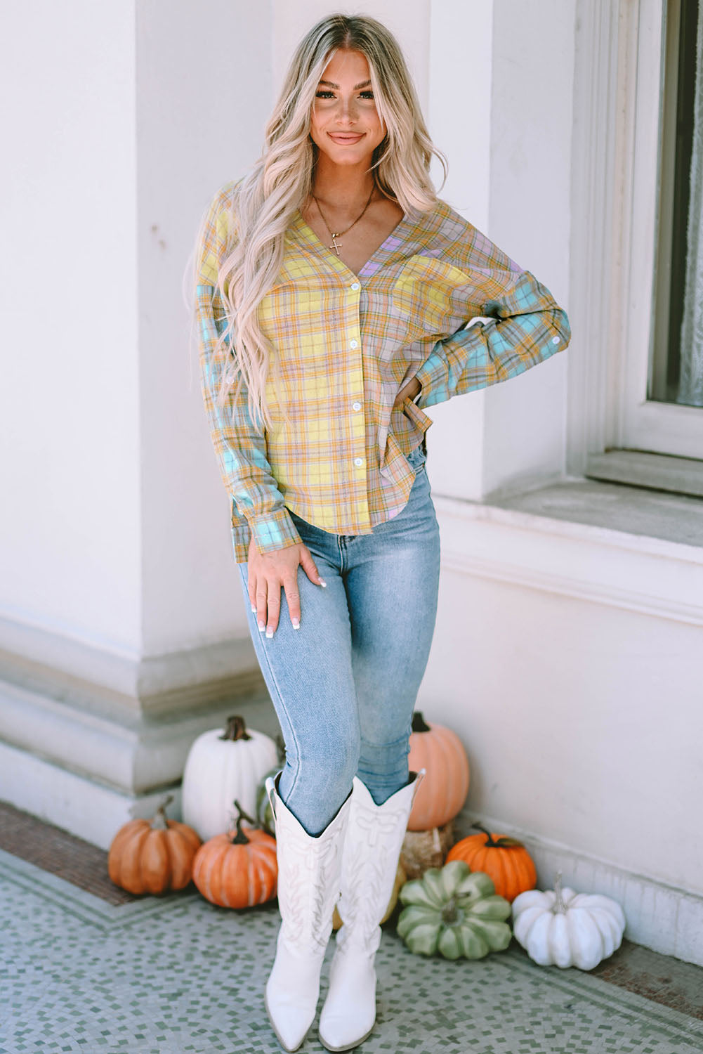 Mixed Plaid Long Sleeve V Neck Buttoned Shirt