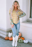 Mixed Plaid Long Sleeve V Neck Buttoned Shirt