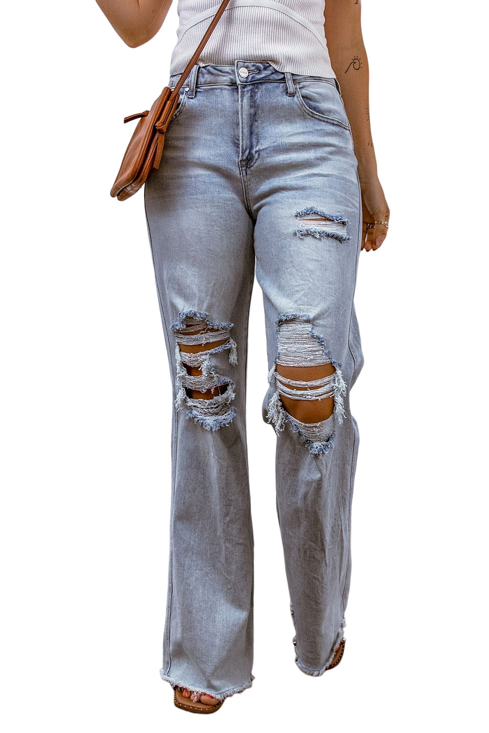 Acid Wash Wide Leg Raw Hem Distressed Jeans