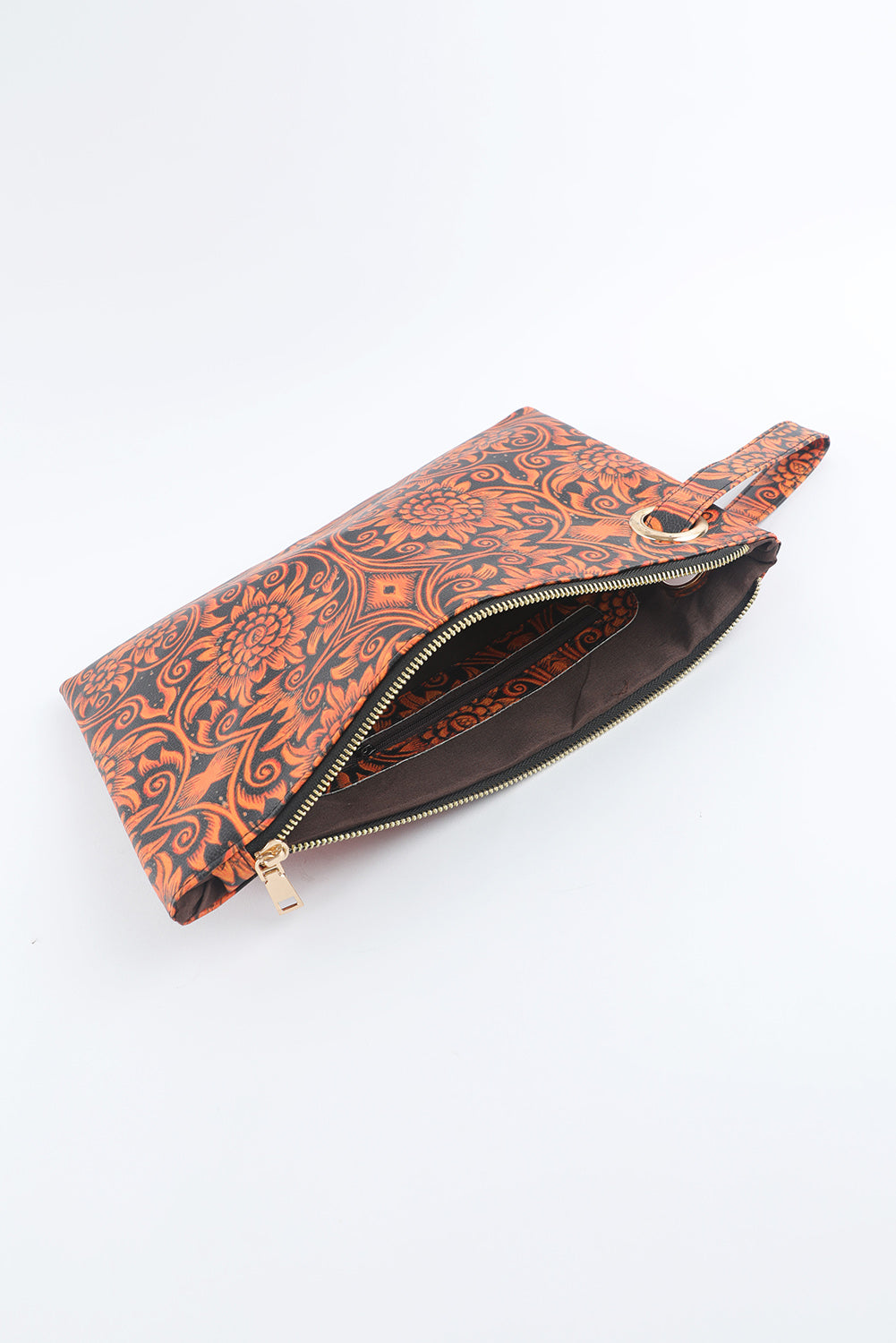 Vintage Floral Print PU Leather Wristlet Clutch