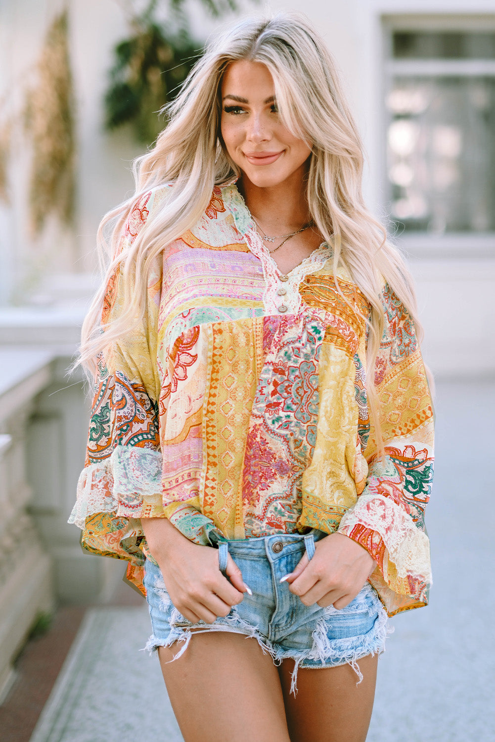 Paisley Print Bell Sleeve Lace V-Neck Button Sheer Blouse