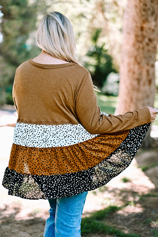 Haut à Volants en Tricot Imprimé à Pois de Grande Taille Marron