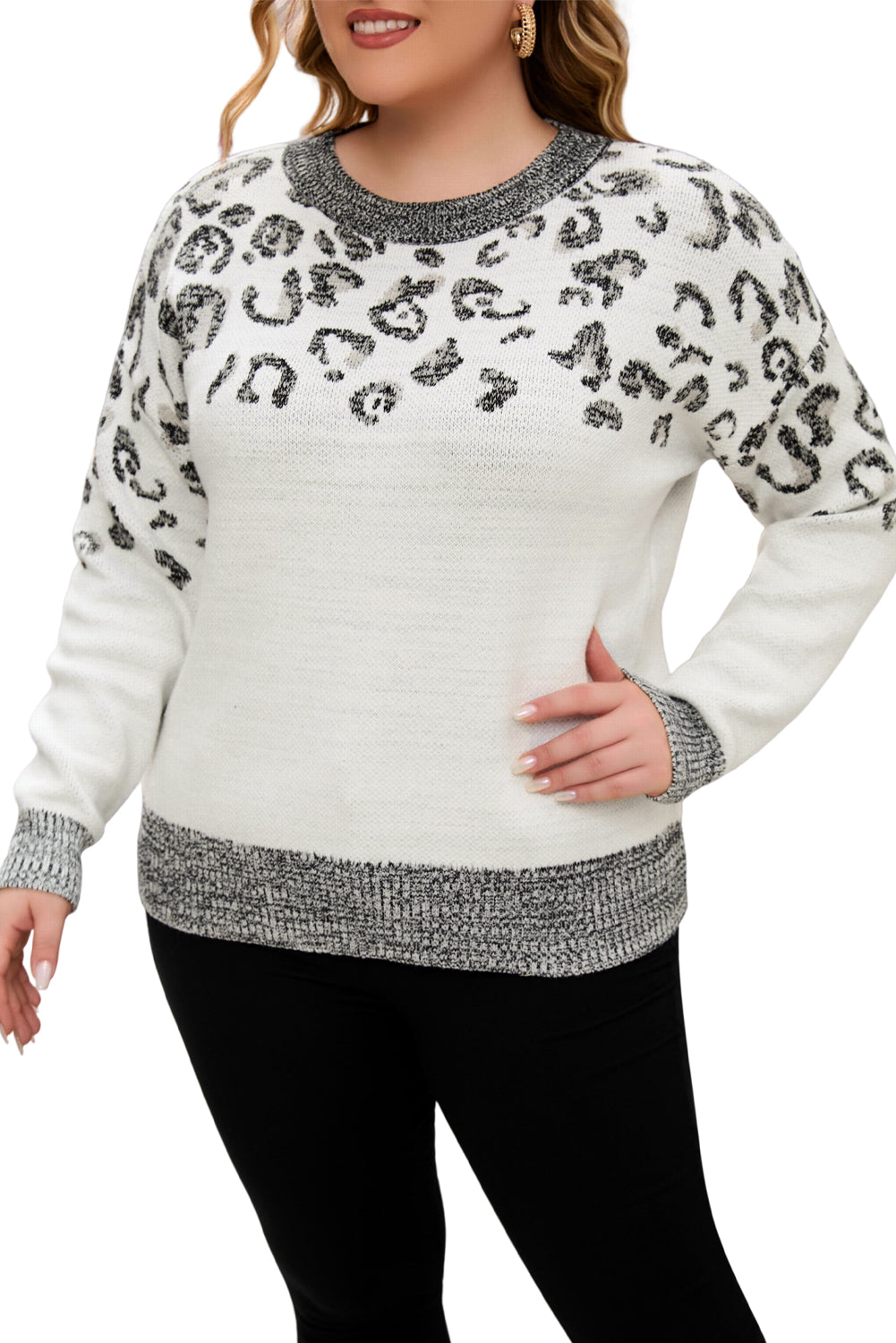 Pull tricoté léopard gris à col rond grande taille