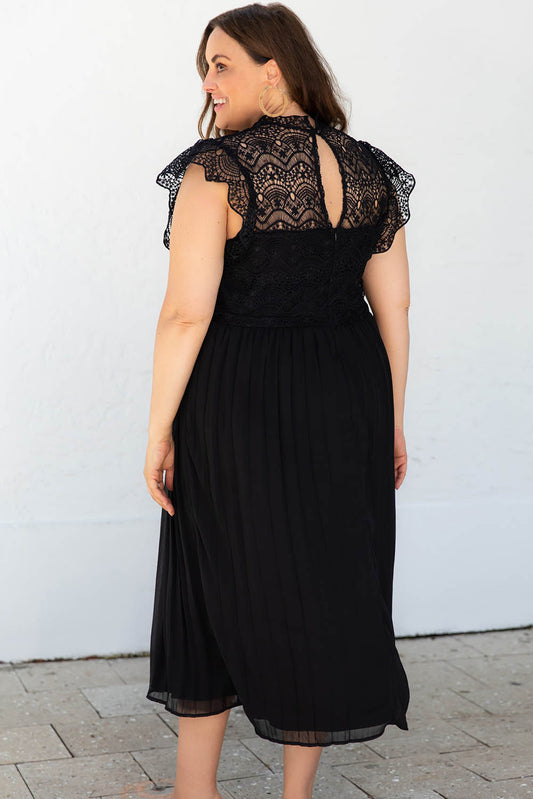 Robe plissée fluide à col haut et corsage en dentelle de grande taille noire 