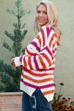 Pink Stripe V Neck Drop Shoulder Plus Size Sweater