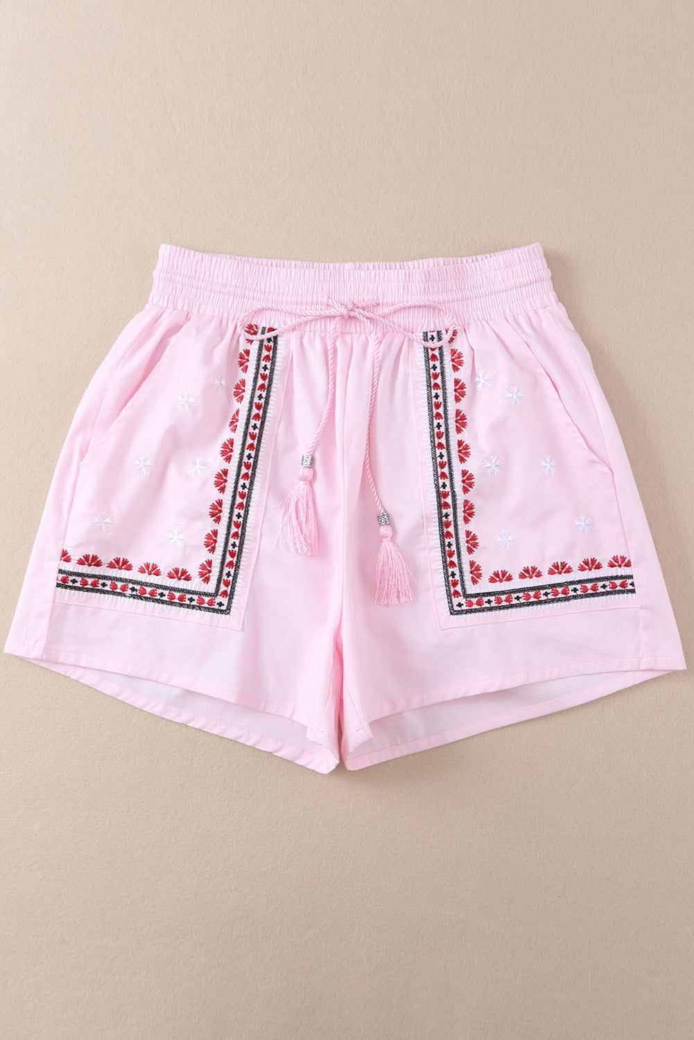 Short décontracté à taille avec cordon de serrage et pompons floraux brodés style bohème rose