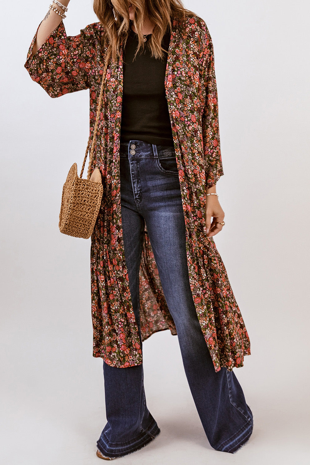 Open Front Boho Floral Print Kimono