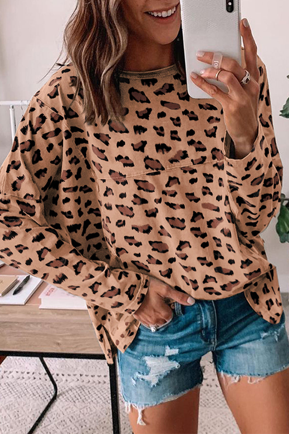 Pink Animal Print Stitching Loose Long Sleeve Top