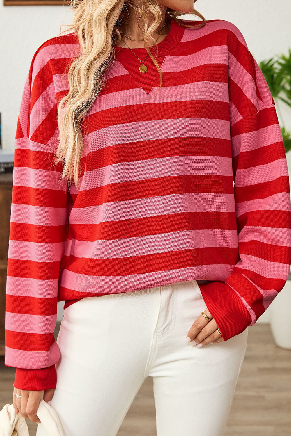 Red Stripe Long Sleeve Round Neck Drop Shoulder Top